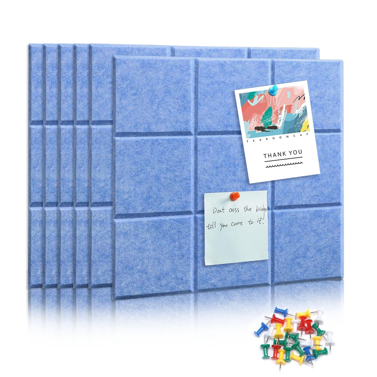 Photo 1 of 6 Packs Sky Blue Cork Board Felt Board Tiles, Bulletin Board 12"X12" with 30 Push Pins, Felt Board for Home Kitchen Office Decor, Self-Adhesive Corkboard Tiles for Walls School Message Display Board
