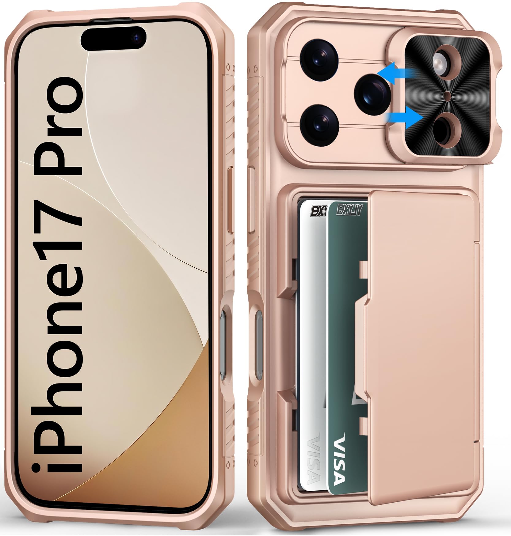 Photo 1 of BXYJY for iPhone 17 Pro Phone Case Wallet, Card Holder (4-5 Cards), Slide Camera Cover, Military Grade Protection, Rugged Hard Women Girly Men Protective Case for iPhone17 Pro 6.3", Rose Gold