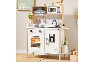 Tiny Land Play Kitchen for Kids, Wooden Kids Play Kitchen Playset Chef Pretend Play Set for Toddlers with Real Lights & Sounds, Toys Kitchen with 18 Pcs Toy Food & Cookware Accessories