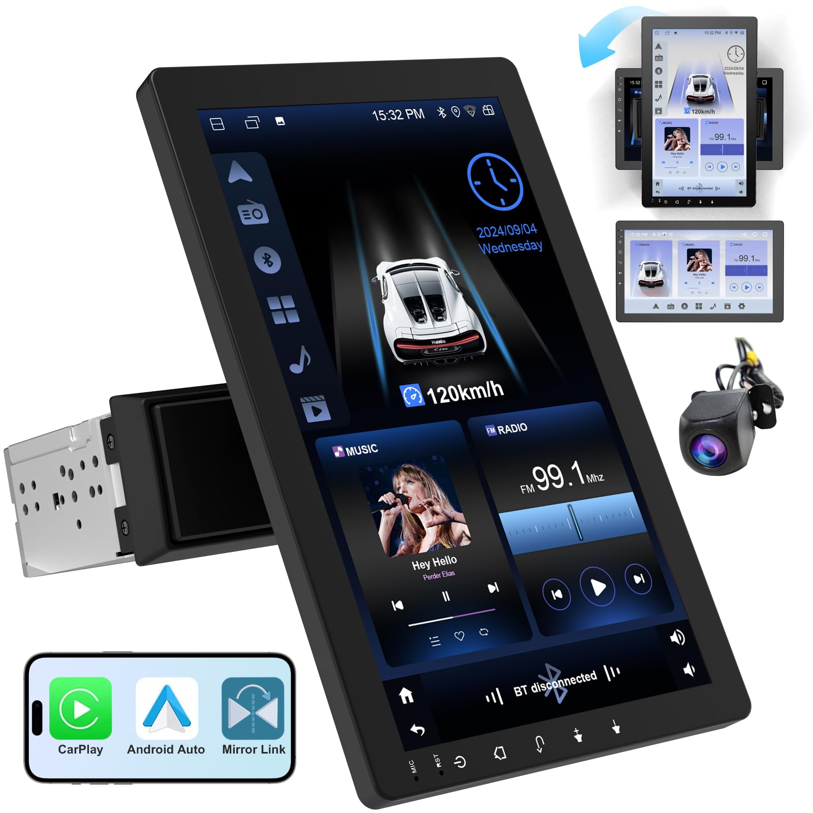 Photo 1 of 10.1" Rotatable Touch Screen Car Stereo Single Din - Android 13, Wireless CarPlay/Android Auto, 4-Core CPU, 2GB+32GB, GPS Navigation, Hi-Fi Sound, Bluetooth 4.2, AHD Backup Camera (Vertical Fit)