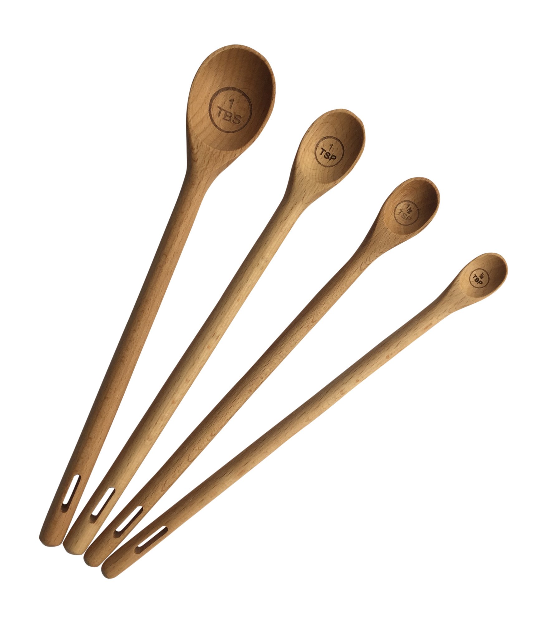 utensi Long Handle Wooden Measuring Spoons by , Set of 4 Engraved Accurate Spoons for Dry and Liquid Ingredients, Beech Wood Set (9-inch handles)