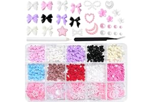 LoveOurHome 3D Bow Nail Charms Flower Star Moon Heart Charms Nail Decorations Kit Colorful Bow-Knot Floral Nail Stud Rhinestone Pearl Bead Acrylic Nail Design Jewelry Tech Nail Supplies with Tweezer