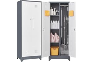 GREATMEET Broom Storage Cabinet, 65" Metal Utility Closet for Brooms and Mops, Cleaning Supply Cabinet with Pegboard, Multifunctional Metal Garage Mop Storage Closet, Grey&White