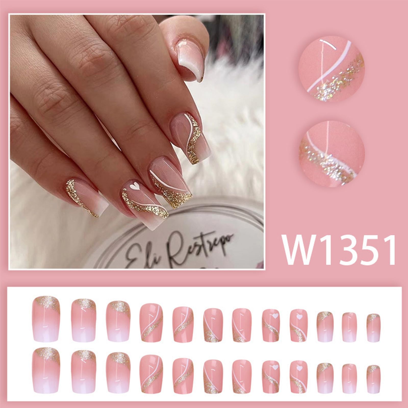 Press on Nails Medium Square Fake Nails Gold Glitter False Nails with Design Heart Curve Glue on Nails Gradient Pink Full Cover Acrylic Stick on Nails Reusable Artificial Nails for Women Manicure Kit - Image 7
