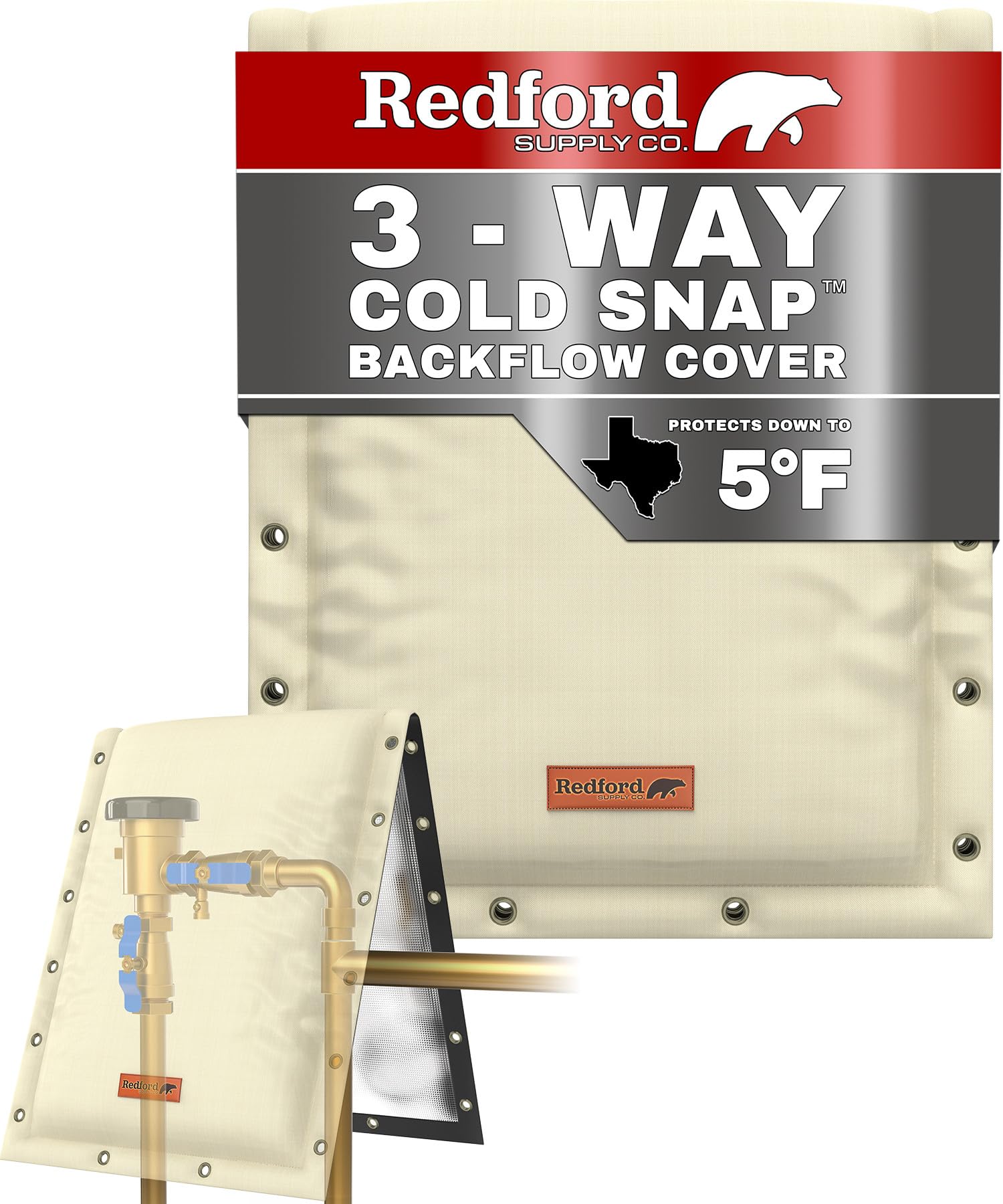 Redford Supply Co. Cold Snap (5°F) Backflow Preventer Insulation Cover, 3-Way Custom, 16"W x 26"H, Pipe Insulation, Water Sprinkler Covers for Outside, Sprinkler Backflow Cover for Winter (Beige) Image