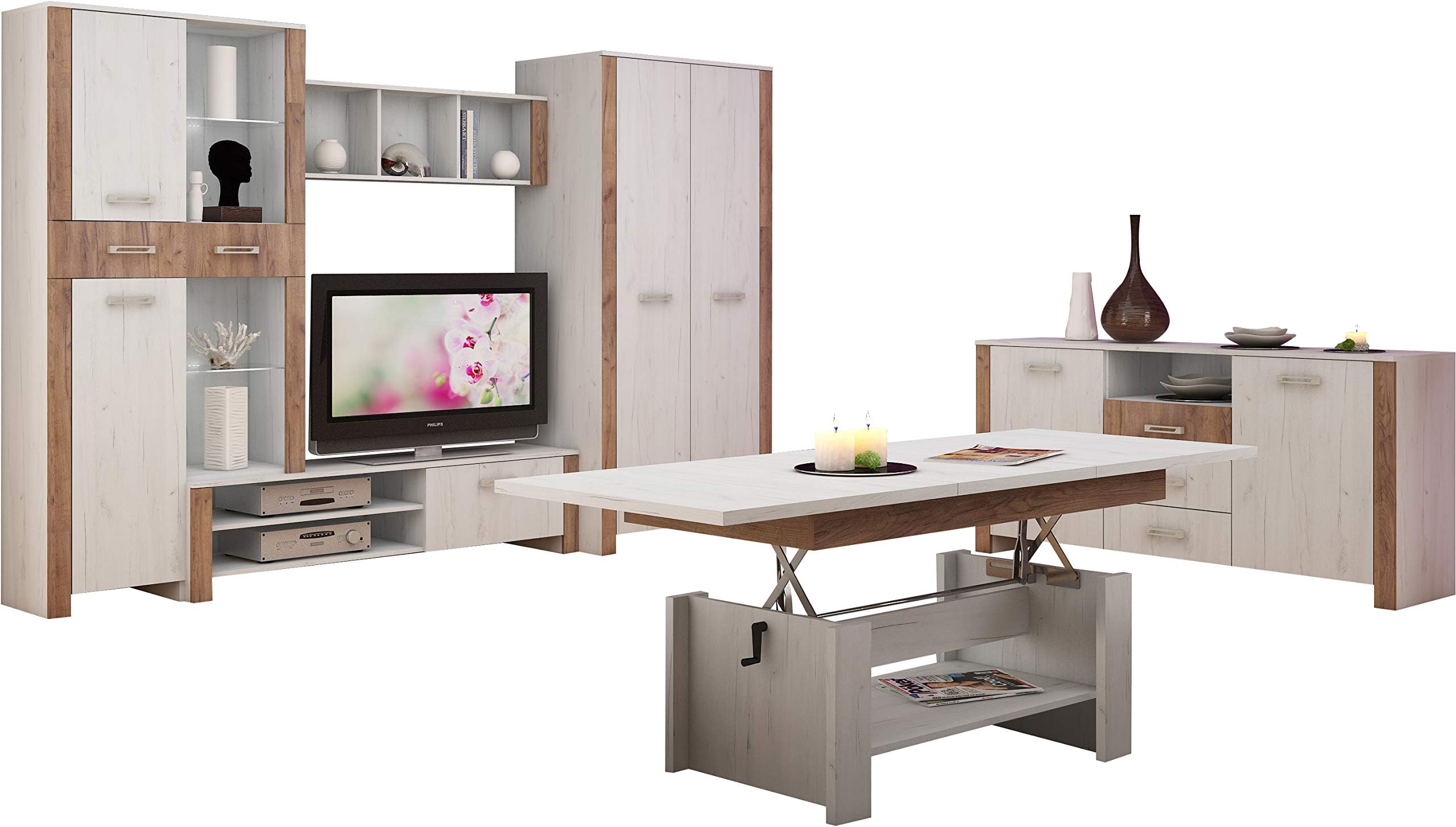 Living Room Furniture Set, TV Wall Unit"HUGO II" TV Bench, Free Standing Display Unit, Wall-mounted Shelve, 2D Wardrobe, Chest Of Drawers and Top Lift-up Coffee Table. (Craft White/Craft Tobaco)