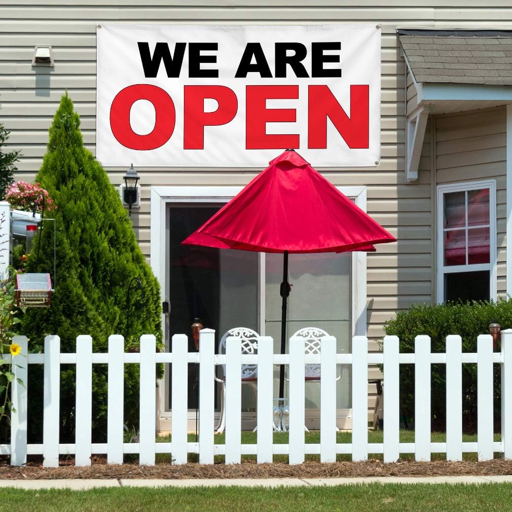Amazon Com Vinyl Banner Multiple Sizes We Are Open Black Red Business Outdoor Weatherproof Industrial Yard Signs 6 Grommets 36x72inches Office Products