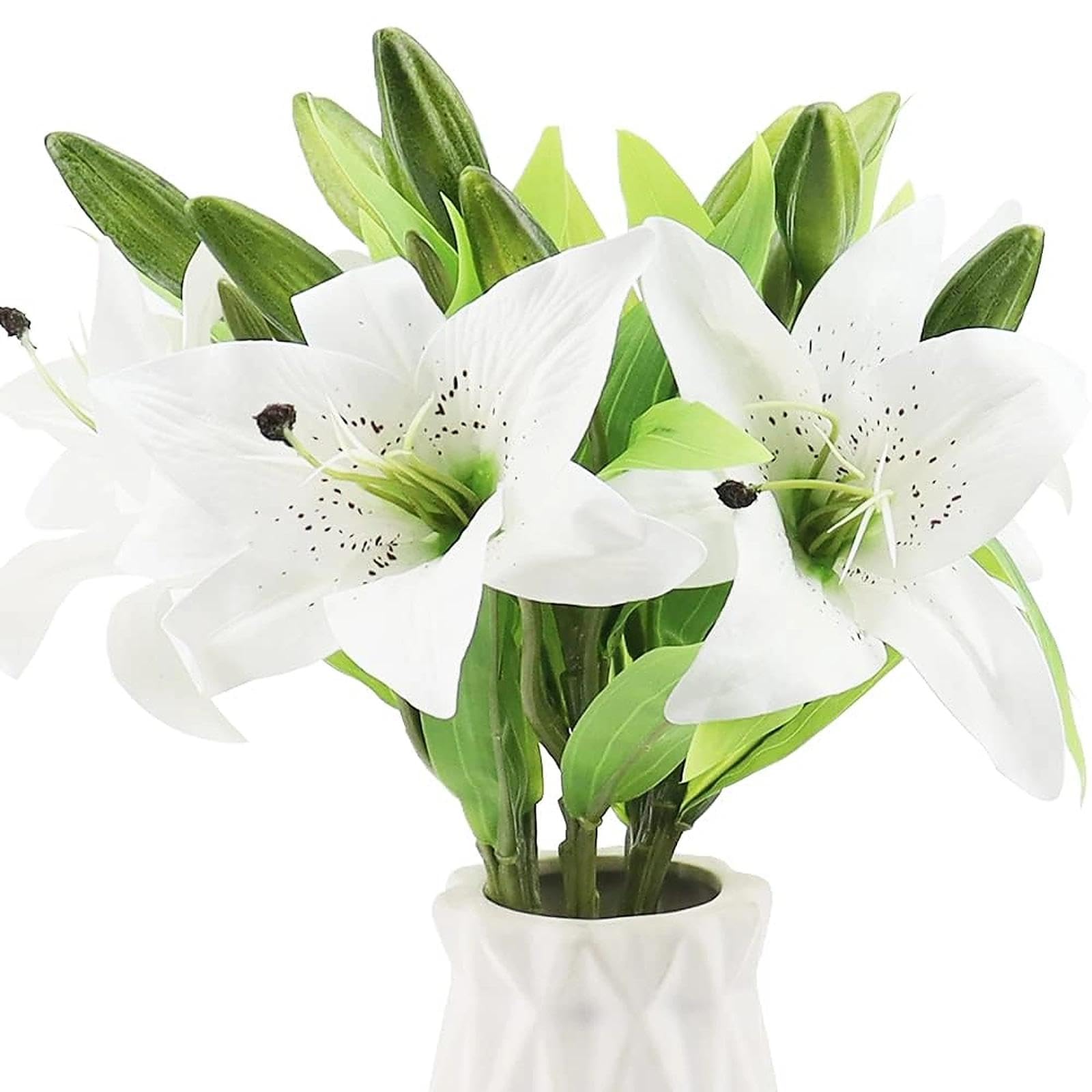 YPLonon 6Pcs Artificial White Lily Flowers Plastic Fake Flowers with 36cm Long Stem Decorative Fully Bloomed Lilies and 6 Buds for Home Office Wedding Party Decoration