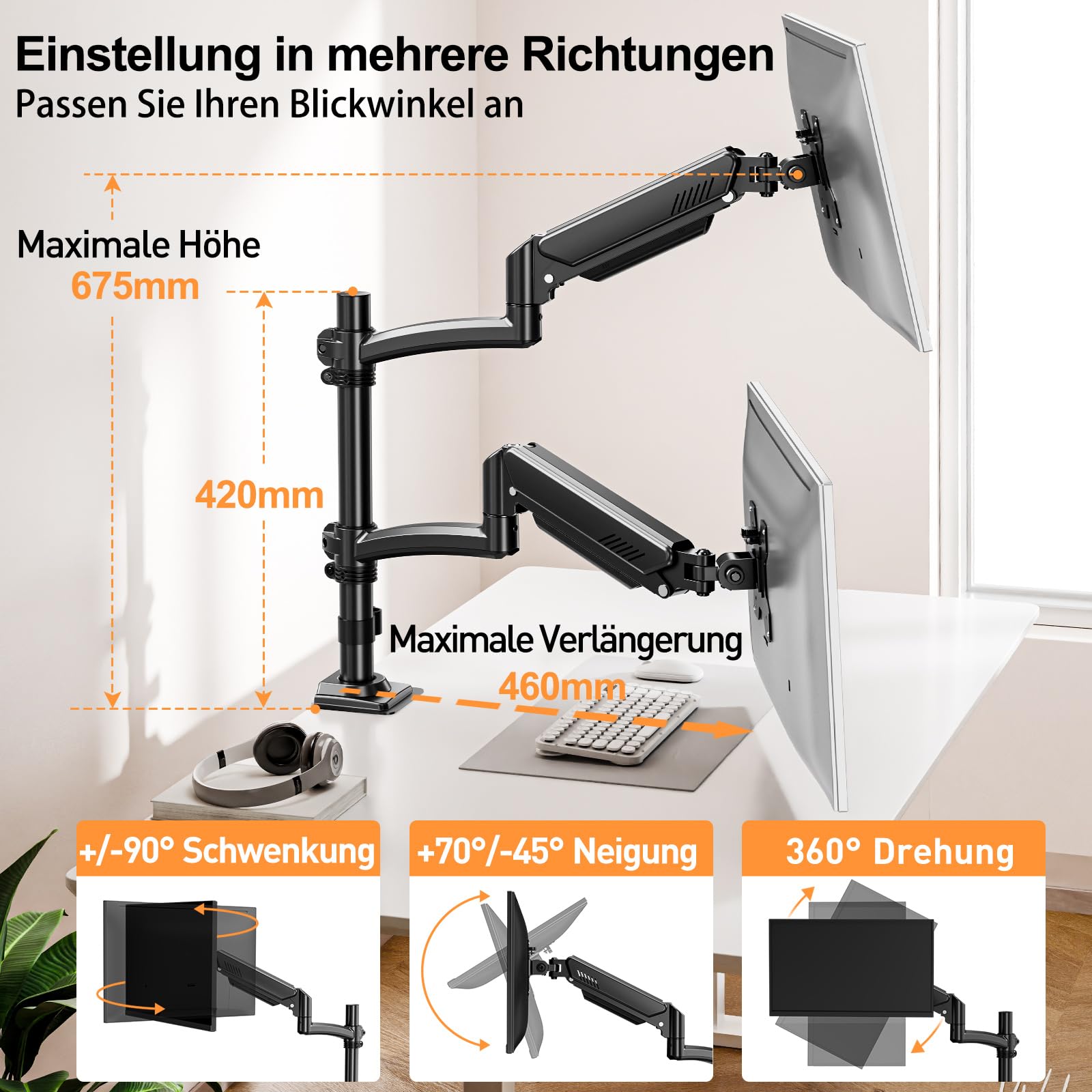 ELIVED Monitor Halterung 2 Monitore für 13-32" Bildschirme, Monitor Arm hält 2-10 kg Monitor mit VESA 75/100mm, Höhenverstellbare Dual Monitorarm mit Neigbar, Schwenkbar, Drehbar, EV6034B 4