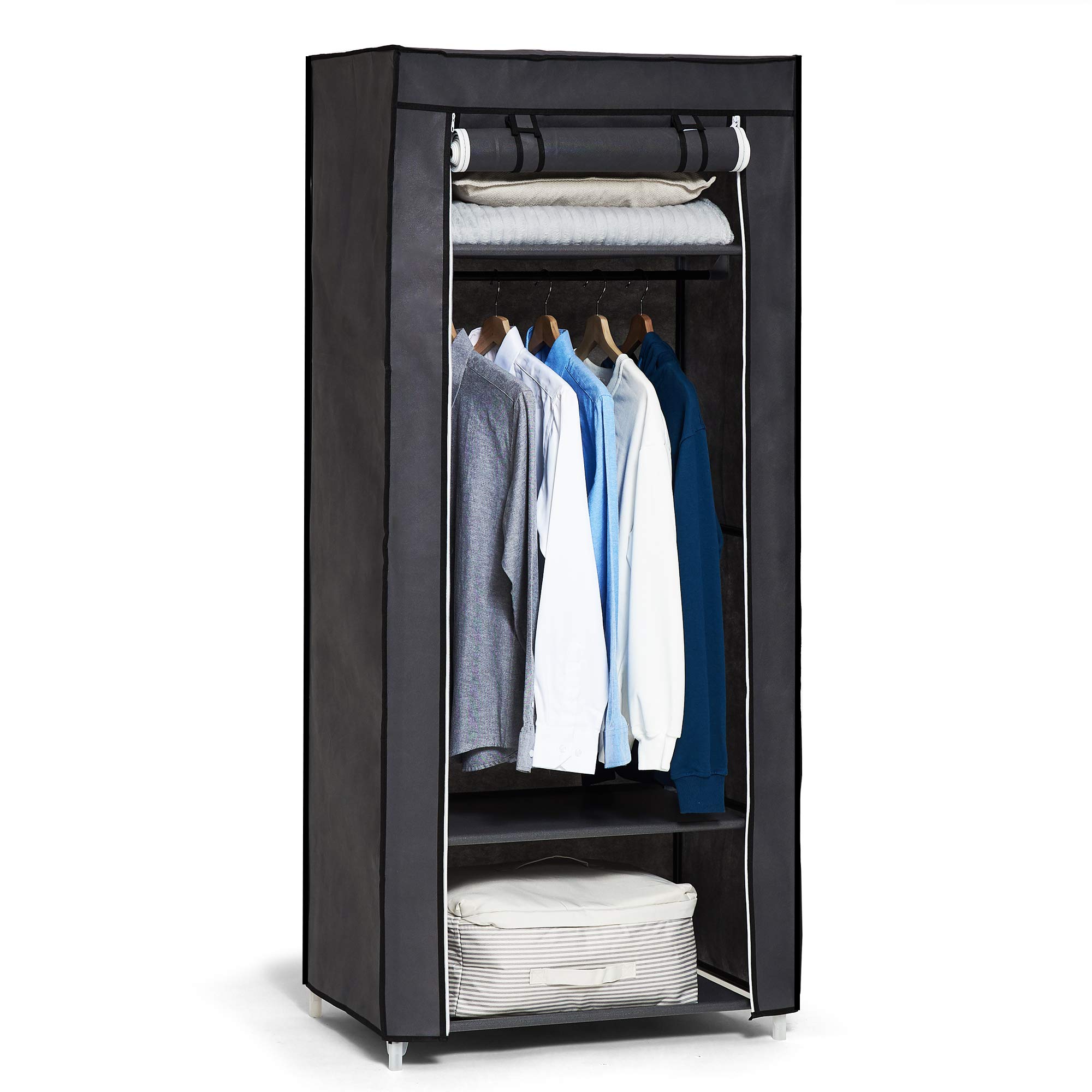 Hododou Single Canvas Wardrobe Portable Wardrobe Fabric Wardrobes for Bedroom Foldable Closet with Hanging Rail and Shelves, for Clothes, Bags, Toys, Shoes, 160 x 59 x 43CM, Grey