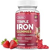 Iron Gummies for Women, Triple Iron Supplement with Multivitamin Iron Gummies with Vitamin C, A, B, Folate, Copper, Zinc for Energy &amp; Blood Support, Immune Health, Vegan, Strawberry Flavor, 60 Counts