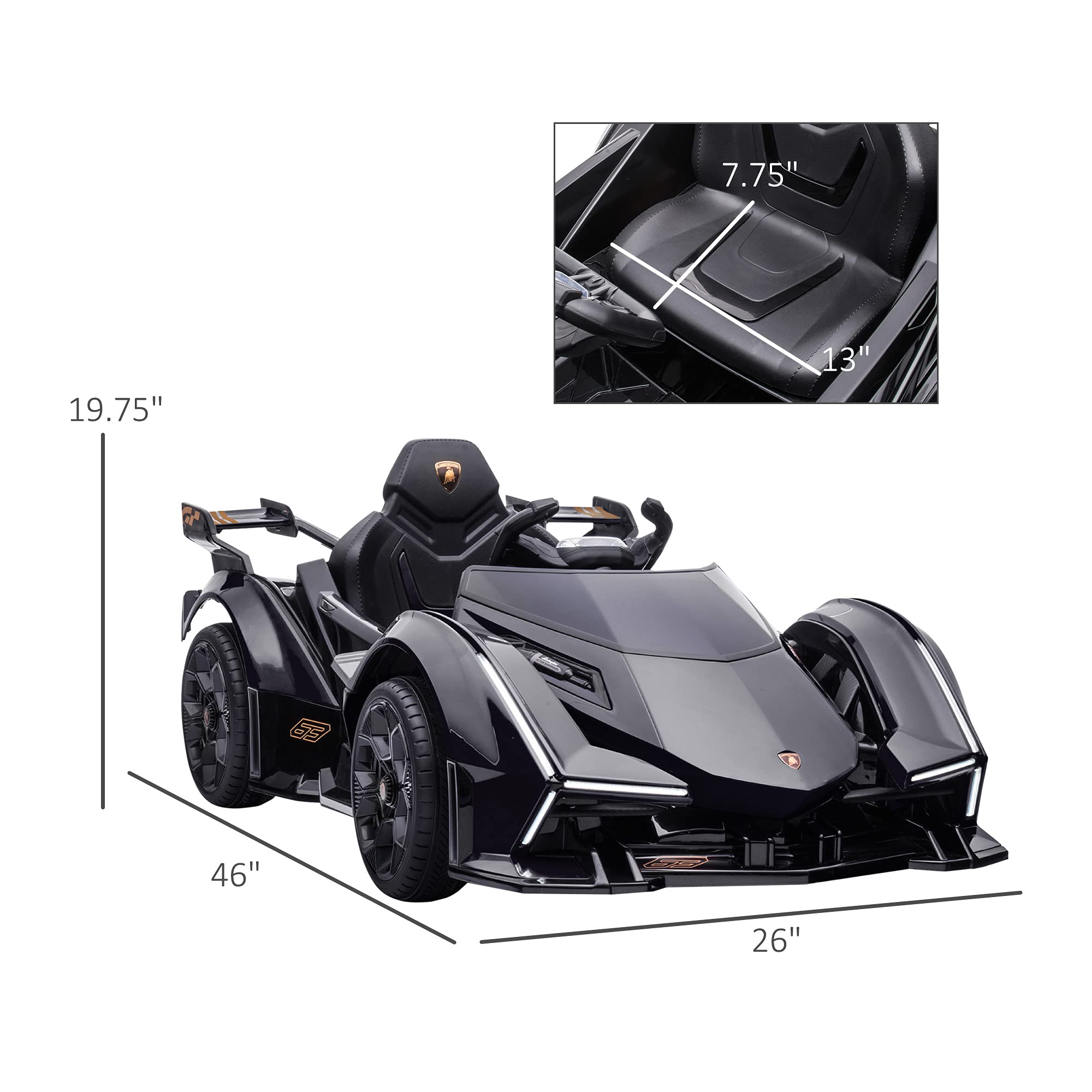 Aosom 12V Electric Ride-on Car, Licensed Lamborghini V12 Vision Gran Turismo Battery-Powered Ride-on Toy with Remote Control, Music, LED Lights, for 3-6 Year Old Boys and Girls, Black