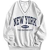 Remidoo Womens New York Graphic V Neck Sweatshirt Oversized Long Sleeve Pullover Top Grey Medium Grey Large