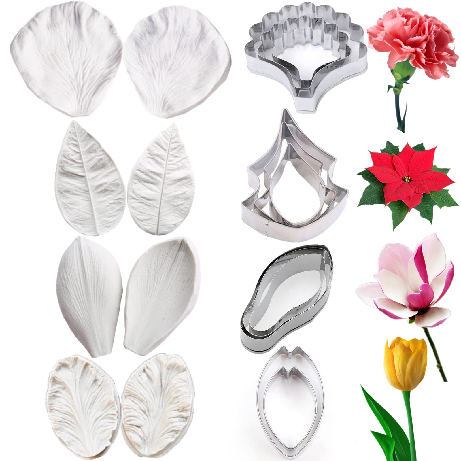 8set Sugar Flower Paste Cutter and Fondant Petals Silicone Mould Cookie Cutter Gum Paste Tools Sugarcraft Veiners Tools for Wedding,Birthday Cake Decorating