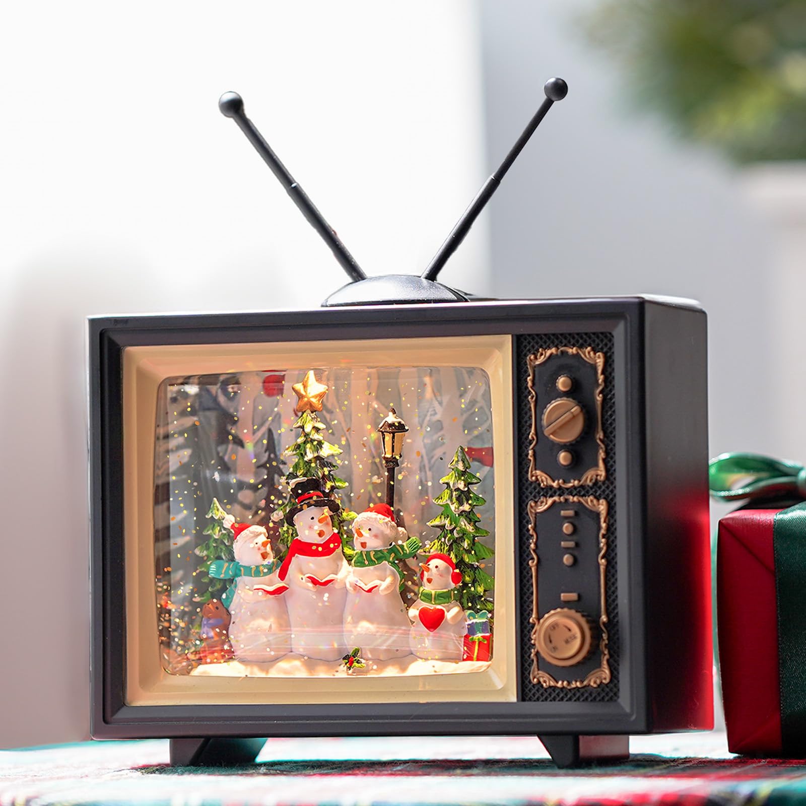 View 1 of 10" Christmas Snow Globes Lantern, Sparkling Musical Snowman Choir Water TV, USB and Battery Powered Christmas Home Tabletop Decorations Gift