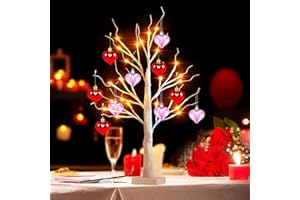 TIYIVIRI Valentines Day Decor 24 Inch Lighted Birch Twig Tree with 10pcs Red Pink Heart Hanging Ornaments, Timer Battery Powered Valentines Tree with 24 LED Lights for Home Indoor Party Wedding Decorations