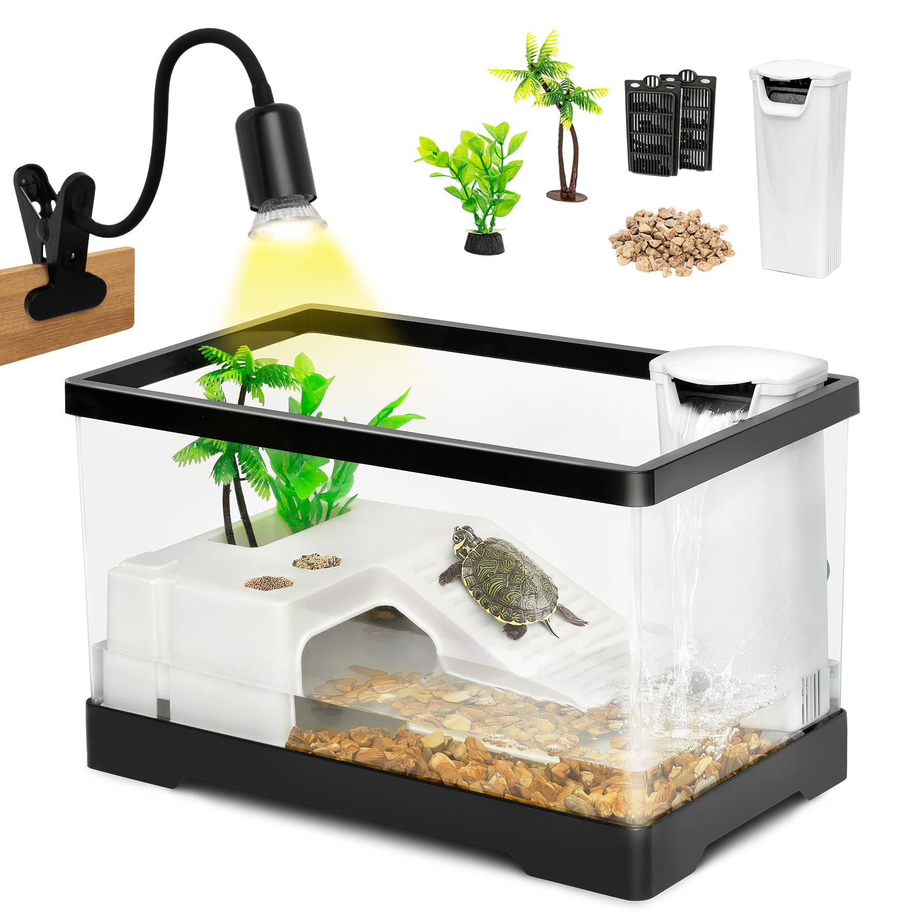 Photo 1 of AZV Small Turtle Tank Kit,PC Starter Aquarium Indoor,Red Eared Slider Aquatic for Baby Tortoise,Fishes and Amphibians,Include Basking Platform*1,Filter*1,Filter Plates*2,Plants*2,Lamp*1,Bulb*1,Stone*1