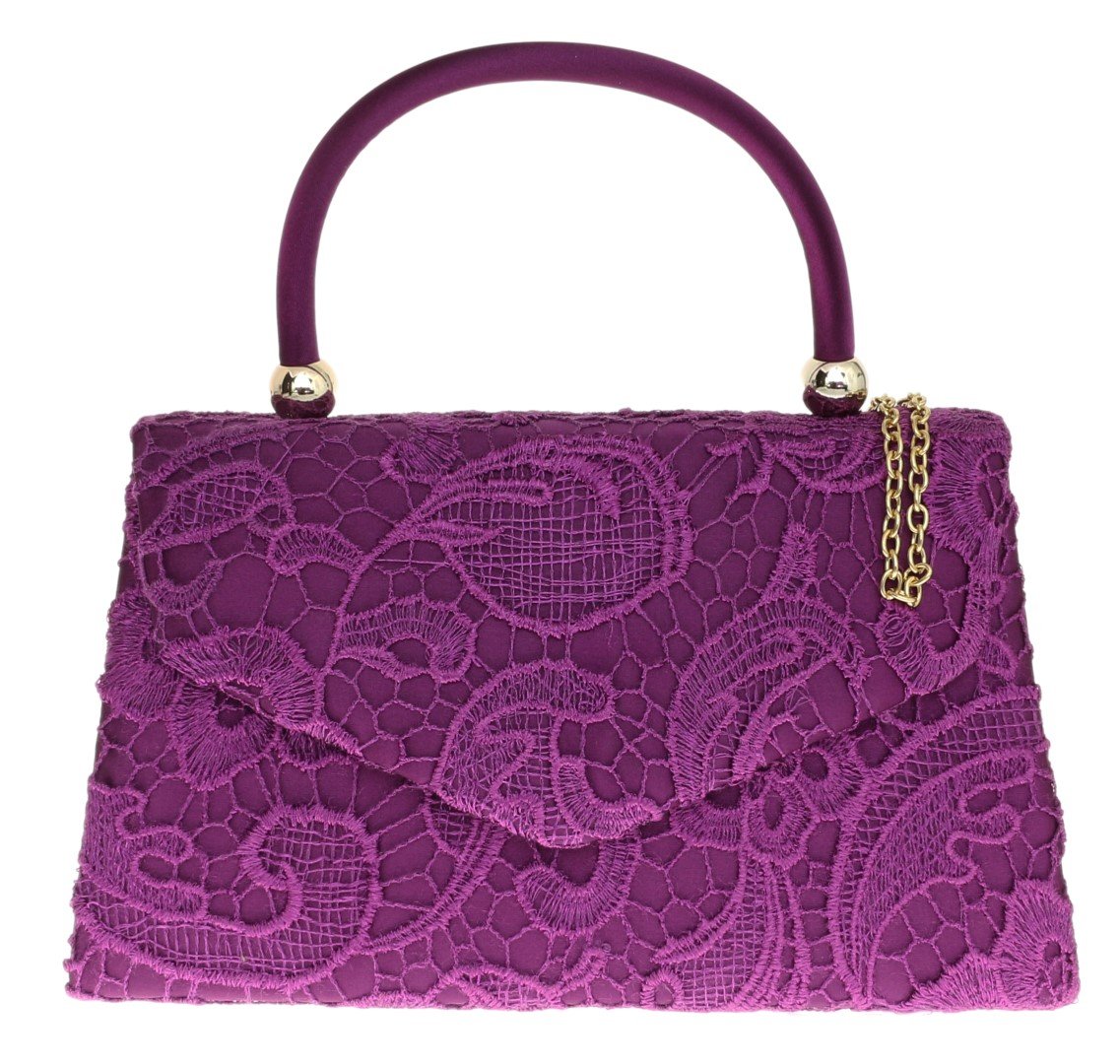 Girly HandBags Lace Satin Top Handle Clutch Bag Handbag Elegant Weeding Party Vintage Party Designer Inspired Womens Fashion - Purple(Size: W 24, H 6, D 14 cm (W 10, H 2.5, D 6 inches))