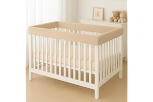 Macardac 4 in 1 Crib Rail Covers for Teething,Soft Breathable Muslin Cover,Crib Rail Guard, Anti-Collision Strip Corner Cover, Crib Teething Cover, Rail Edge Protector Strip, 4 Pcs, Beige