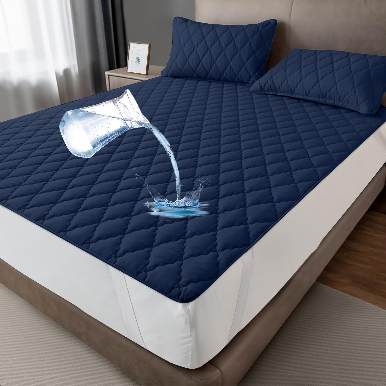 mafudoxi Waterproof Mattress Protector, 90 x 200 cm, Breathable Mattress Topper, Microfibre Mattress Cover, Waterproof Mattress Protector, Incontinence Pad, Washable, Navy