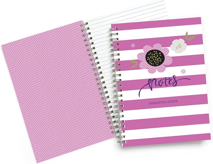 Custom Purple Floral Notebook with Stripes Personalized