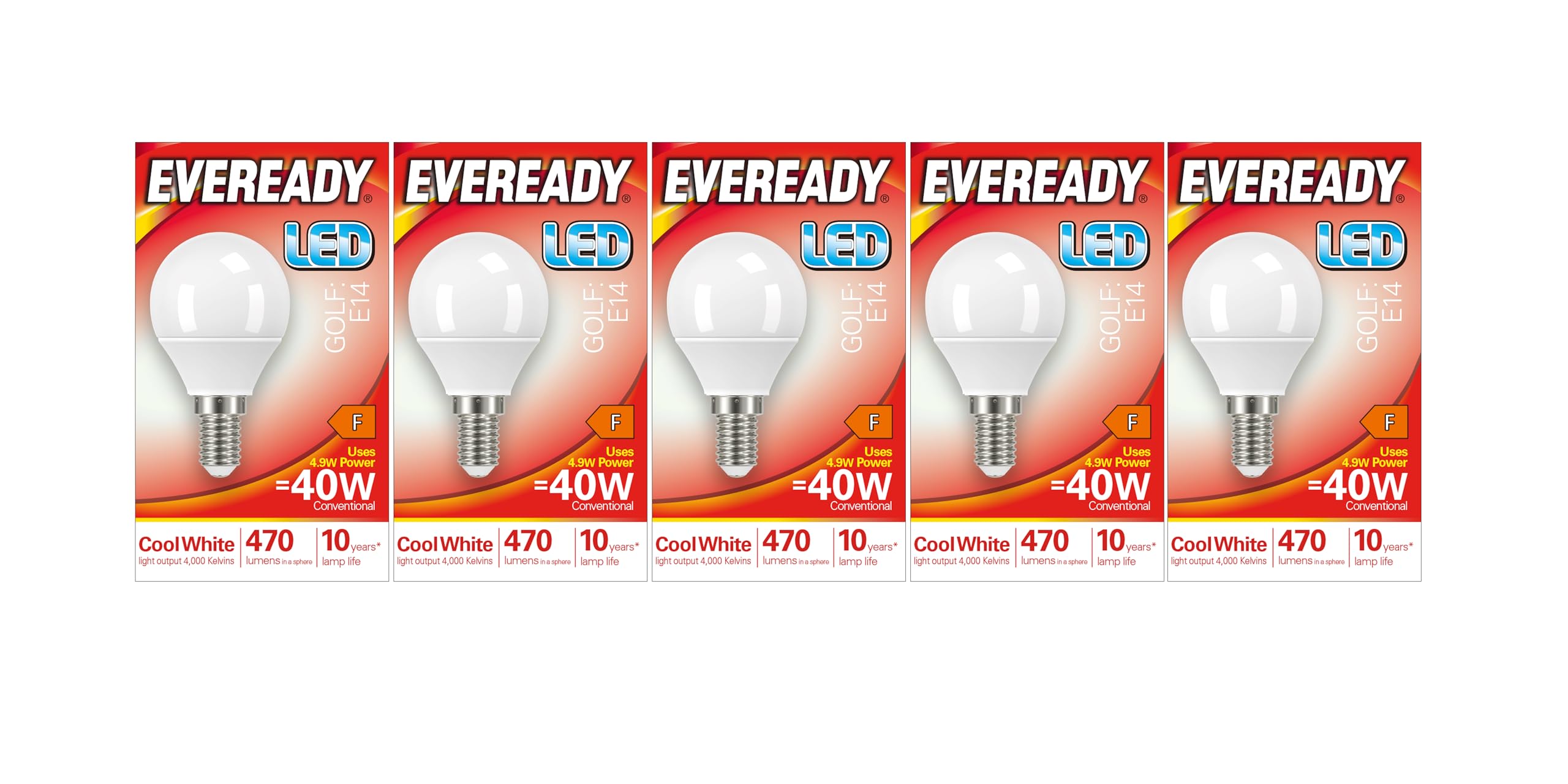 Eveready E14 Bulb LED Golf (SES) 470 lumens 4.9 Watt Cool White 4000k. Pack of 5 Bulbs