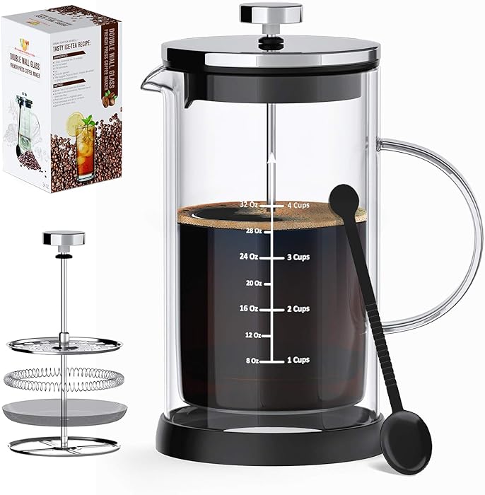 French Press Coffee Maker/Tea- 34 Oz (4 L Cups) Capacity- Heat Resistant, Double Wall Borosilicate Glass Carafe, BPA-Free, FDA-Certified-Complete with Bonus Silicone Mat, Long Coffee Spoon + Recipes