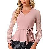 Allegra K Tie Waist Peplum Top for Women's Ruffle Hem Party V Neck Christmas Mesh Long Sleeve Blouse