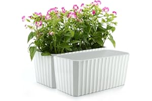 T4U 11 Inch White Plastic Rectangular Planter Set of 2, Self Watering Window Box with Water Level Indicator, Modern Decorativ