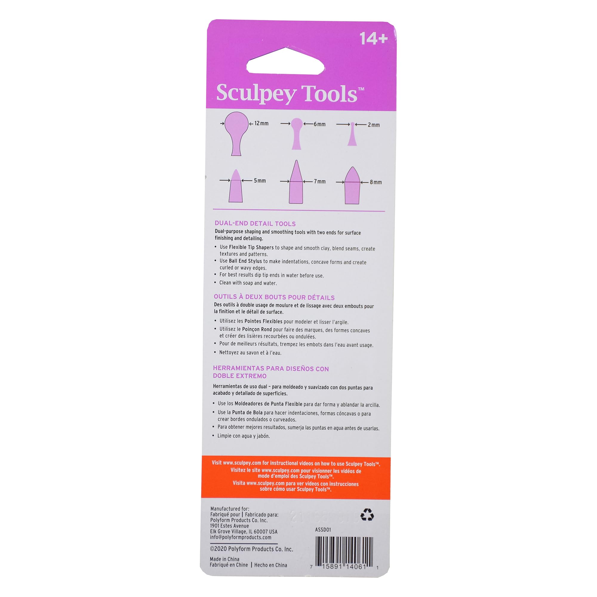 Sculpey Tools: Dual End Detail Tools - 3pc Set - Sculpting Tools for Multiple Types of Clay, Polymer OvenBake-Air Dry-Non-Dry, Adult Craft Supplies