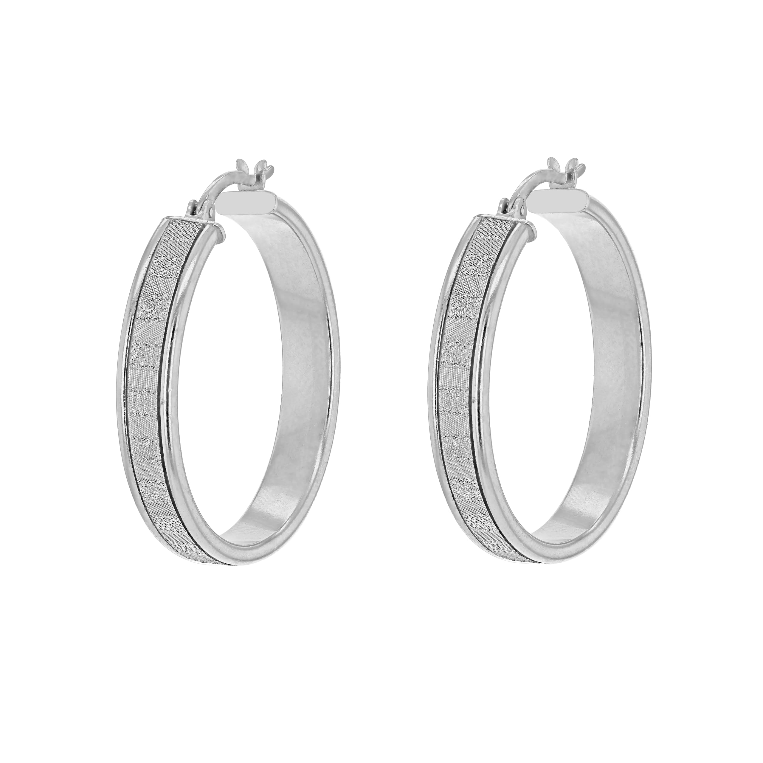 Tuscany Silver Women's Sterling Silver Rhodium Plated 30 mm Stardust Striped Creole Hoop Earrings