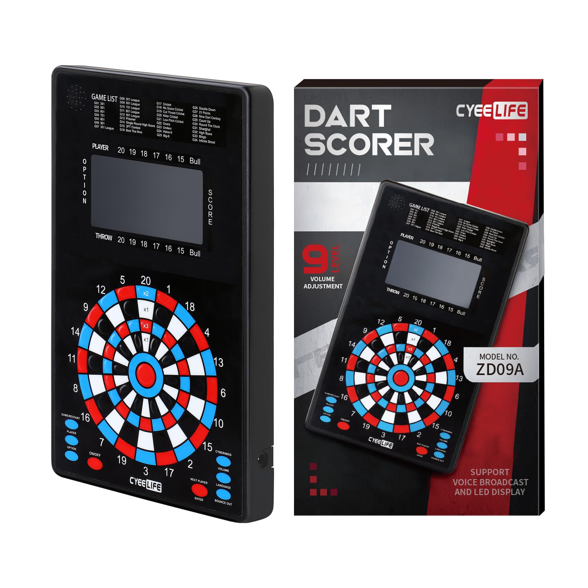 CyeeLife Electronic Dartboard Scorer PRO,34 Games and 255 playing way for 1-8 players