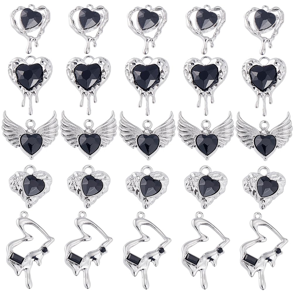 SUNNYCLUE 30Pcs Silver Hearts Charms Bulk Glass Heart Charm Gothic Alloy Black Love Heart Valentines Day Angel Wing Charms for jewellery Making Charms Findings DIY Necklace Earring Women Adults