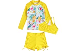 Funnycokid Girls Swimsuit 3 Pieces Zip Rash Guard Set Bikini Bathing Suits Boyshort Summer Kids Swimwear 3-12 Years