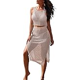 HUUSA Women's 2 Piece Crochet Swimsuit Coverups Hollow Out Bikini Bathing Suit Cover Up Swimwear Mesh Beach Slit Skirt Set