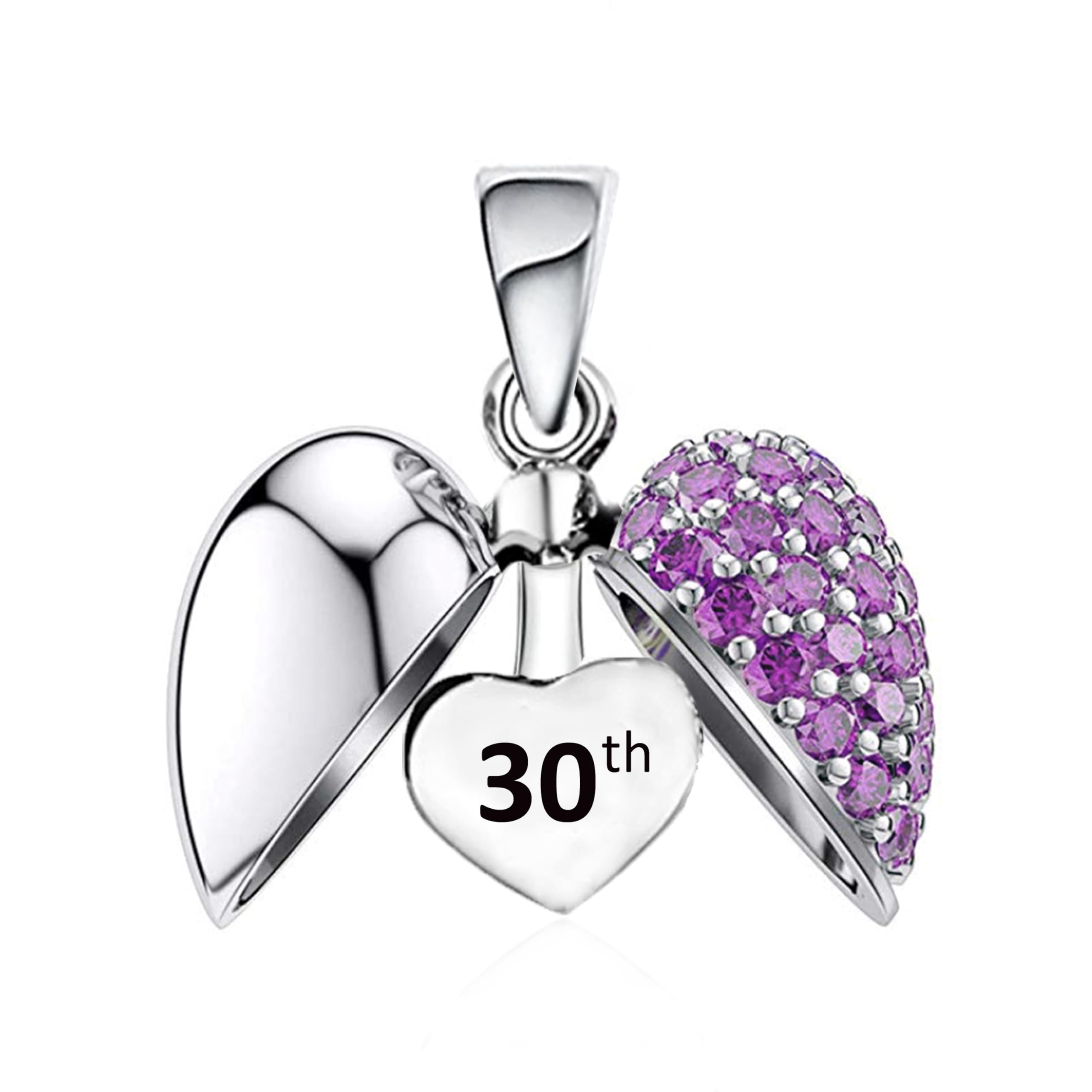 30th Purple Love Heart Charm Bead Necklace Pendant 925 Sterling Silver for Pandora Moment Bracelets - 30 Birthday Her Girls Women - Gift Box