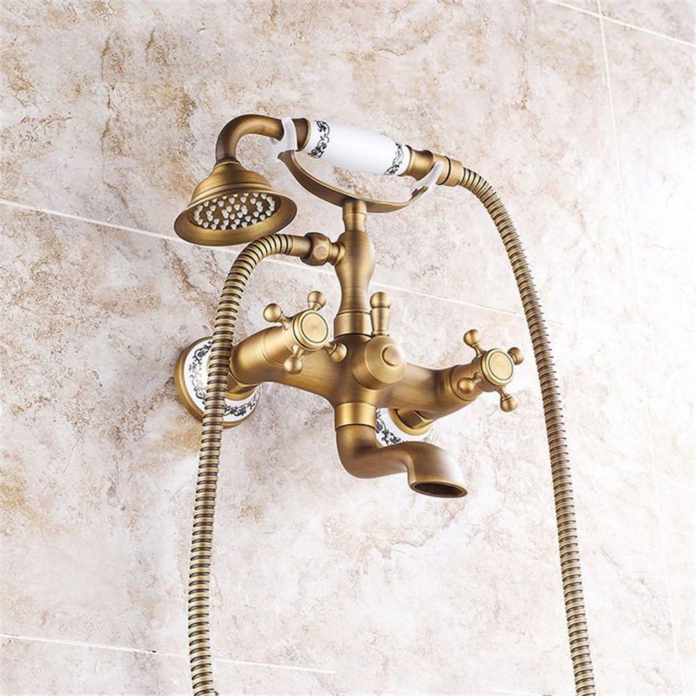 Leadless Fauce Tap European Antique Simple Shower Faucet Wall-Mounted Bathtub Faucet Blue and White Porcelain Seven-Way Telephone hot and Cold Water Mixing Valve Shower Set NGRJG Bathroom Plumbing.