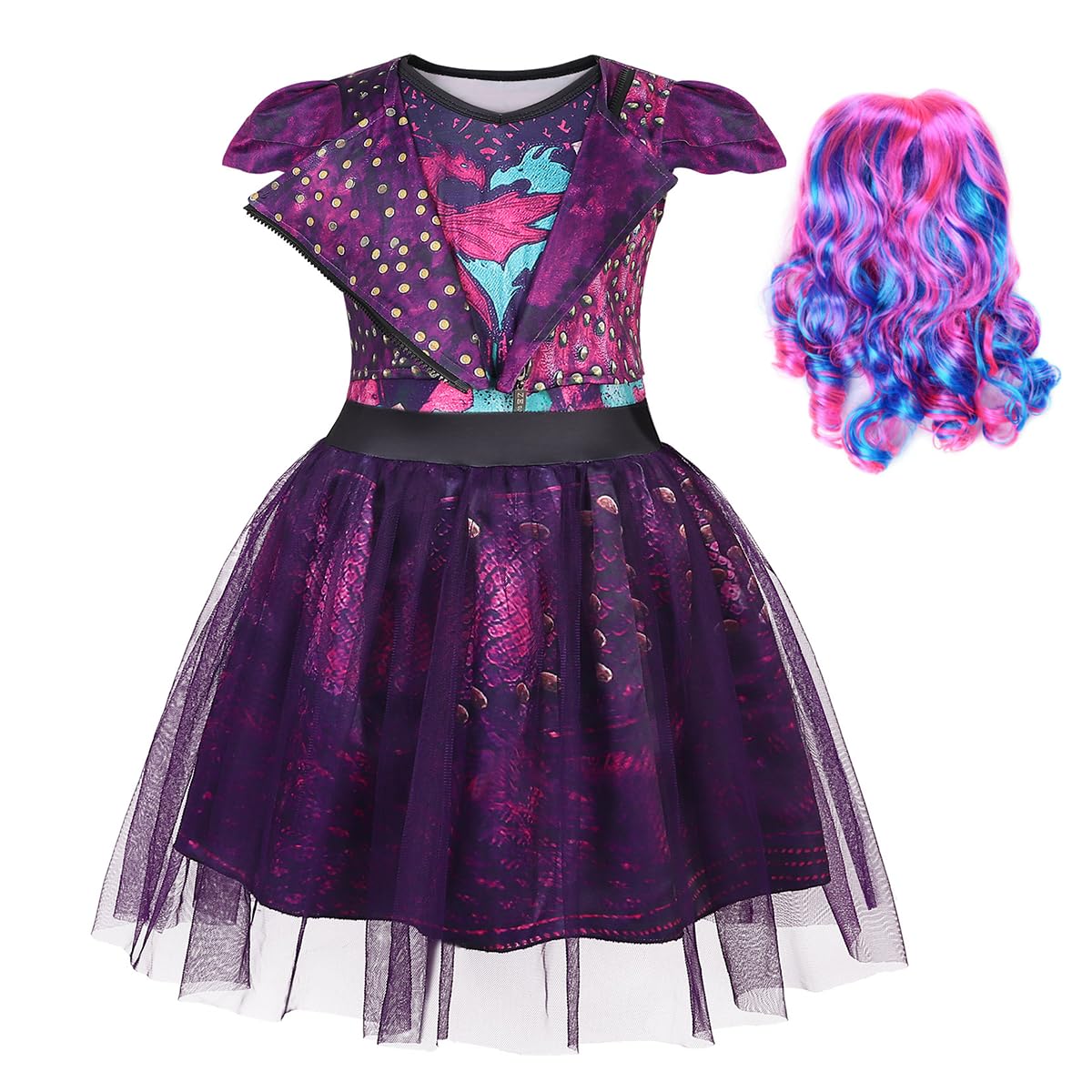 WonderBabe Girls Descendants Costumes Birthday Party Dress Mal Popular Musical Cosplay Halloween Outfits with Wig