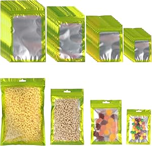 PUiKUS 100 PCS Reusable Mylar Bags ,Smell Proof Bags with Ziplock and Clear Window, for Candy and Food Packaging, Food Self Sealing Storage Supplie (Green)