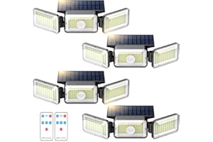 Mokot Solar Lights Outdoor, 218LEDS 2500LM Solar Motion Sensor Outdoor Lights, 3 Head IP65 Waterproof Solar Powered Flood Security Lights for Outside Backyard Garage, Pack of 4（Black）