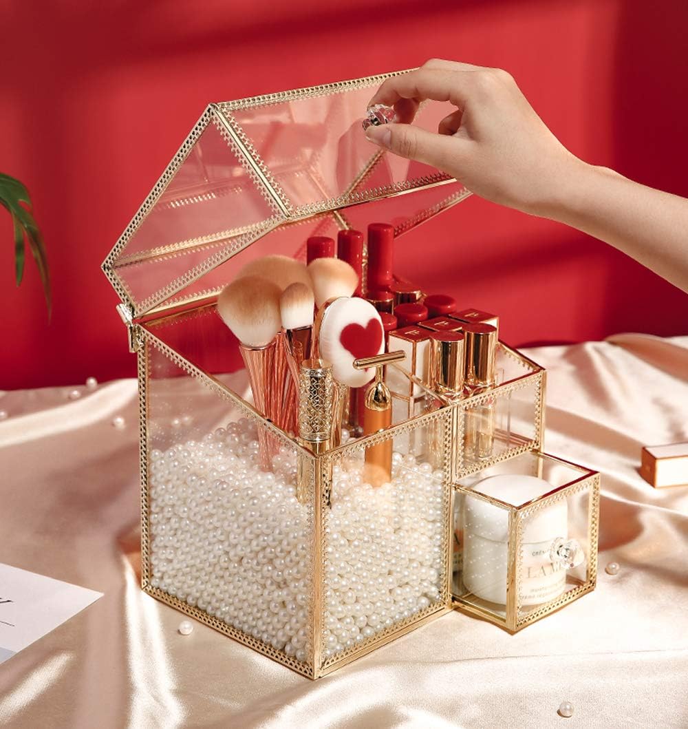 MOOCHI Golden Vintage Glass Cosmetic Multifunctional Makeup Organizer with Pearls Dustproof Cosmetics Storage Display Case For Brushes Lipsticks: Home Improvement