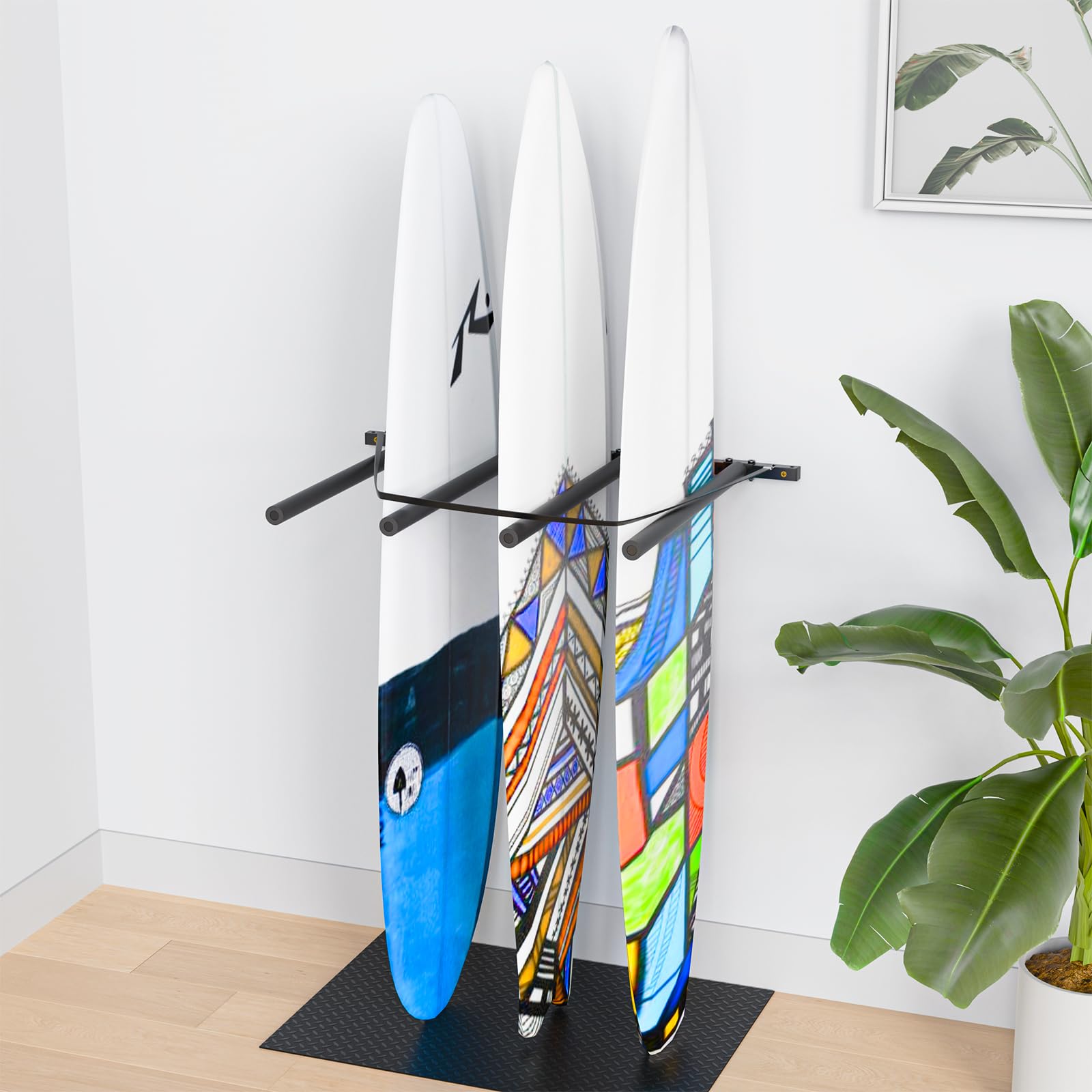 Photo 1 of Surfboard Wall Mount Vertical Surfboard Rack for Wall with Elastic Cord and Rubber Mat, Outdoor Indoor Garage Storage Rack for Surf Board, Paddle Board, Wakeboard, Snowboard, Skateboard(4 Arms, 1Pcs)