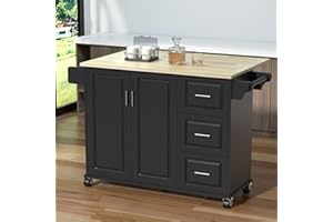 Unovivy 54" Large Kitchen Island Cart with Drop Leaf, Kitchen Island with Storage, Rolling Kitchen Island with Inside Cabinet, 3 Drawers, Spice Rack, Towel Rack and Wood Tabletop(Black)