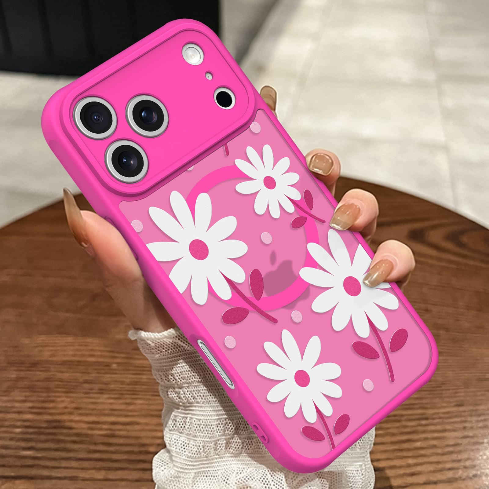 MOWIME Magnetic for iPhone 17 Pro Max Case, [Compatible with MagSafe] Cute Daisy Floral Pattern for Women Girls Shockproof Translucent Matte Protective Case for iPhone 17 Pro Max, Hot Pink