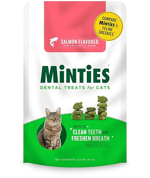 MINTIES DENTAL TREATS FOR CATS, SALMON FLAVORED TREATS FOR CATS, FRESHENS BREATH AND CONTROLS TARTAR, 2.5OZ
