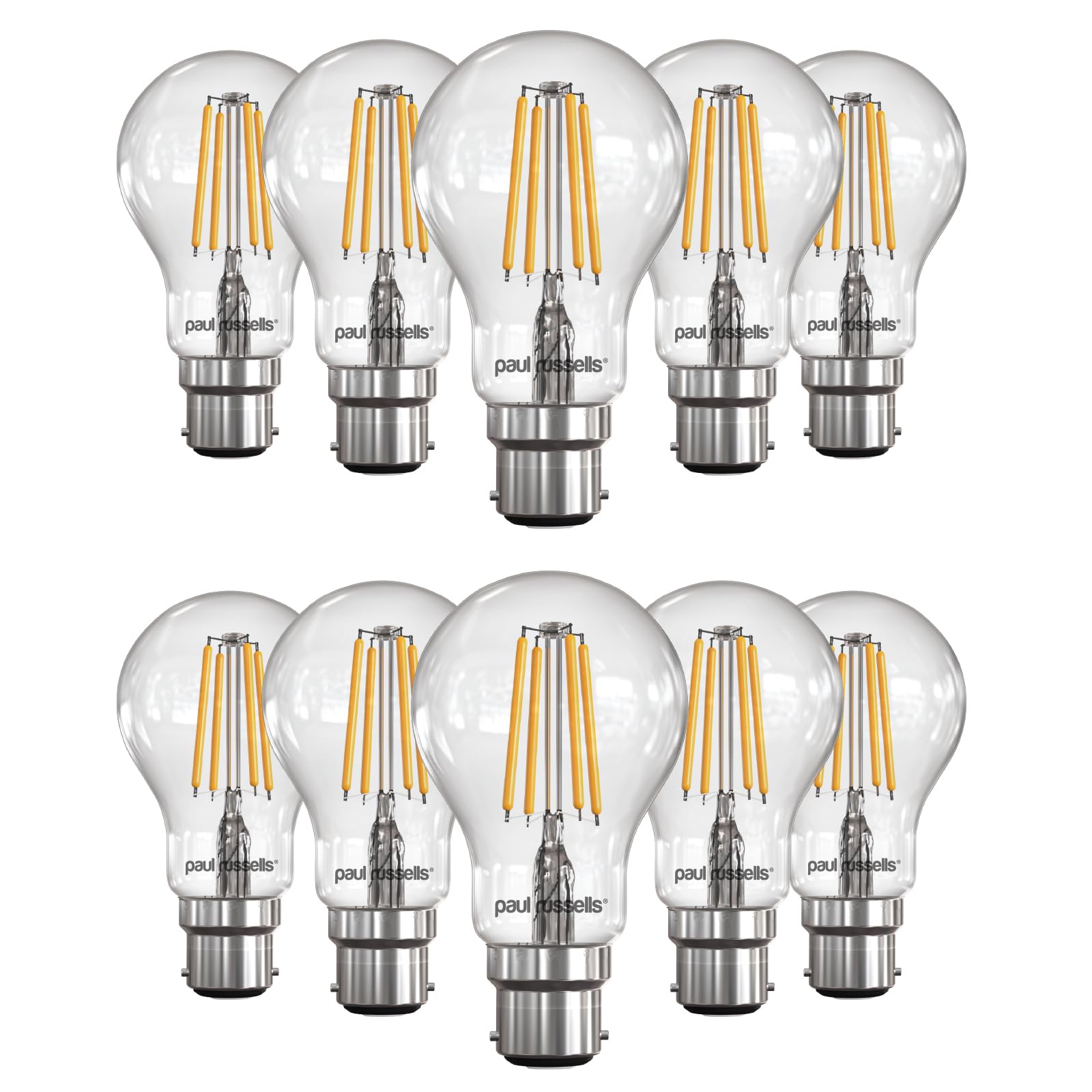 paul russells LED Filament GLS – Dimmable Bayonet Cap Fittings B22 Light Bulbs, 7Watt 806Lumens Classic A60 LED Bulbs, 60w Equivalent, 2700K Warm White Dimmer BC Energy Saving Lamps, 10 Pack