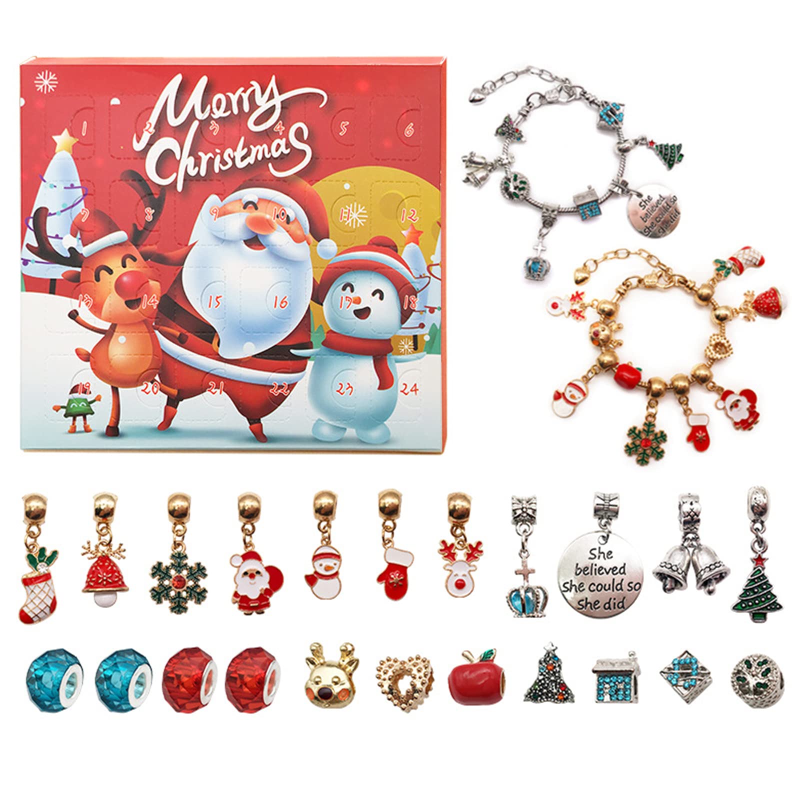 Christmas Advent Calendar Bracelets 2023 for Girls 24 Days Xmas Countdown Calendar DIY Jewelry Making Kit Gift 22 Charm Beads 2 Bracelets for Kids Teens Women (Red)