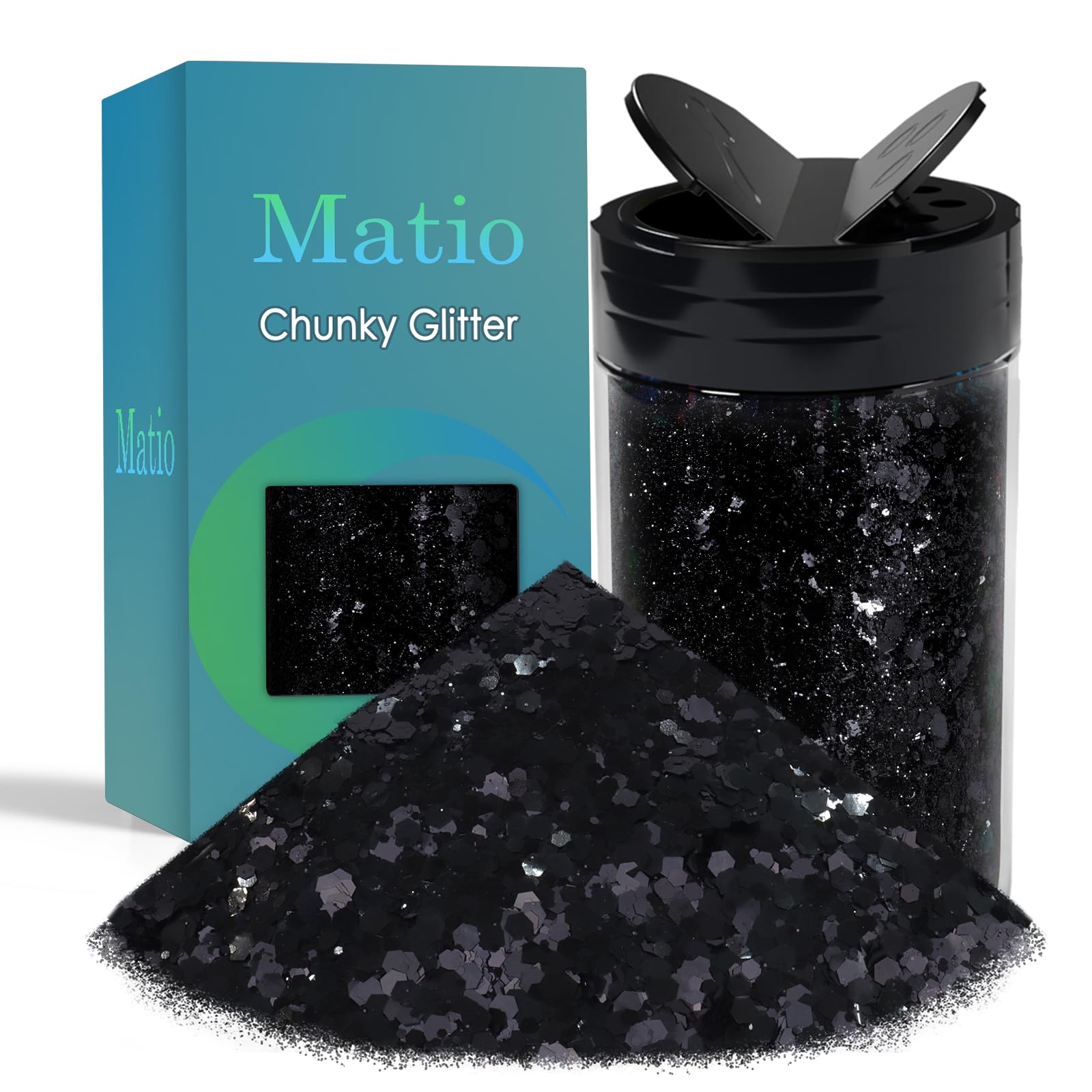 Matio Chunky Glitter 7.8oz/220g Black Craft Ultra Fine Glitter Powder Mixed Chunky PET Flakes Sequins for Resin Epoxy Painting Arts Cosmetic Nail Hair Makeup Tumblers Slime DIY Party Festival Decor