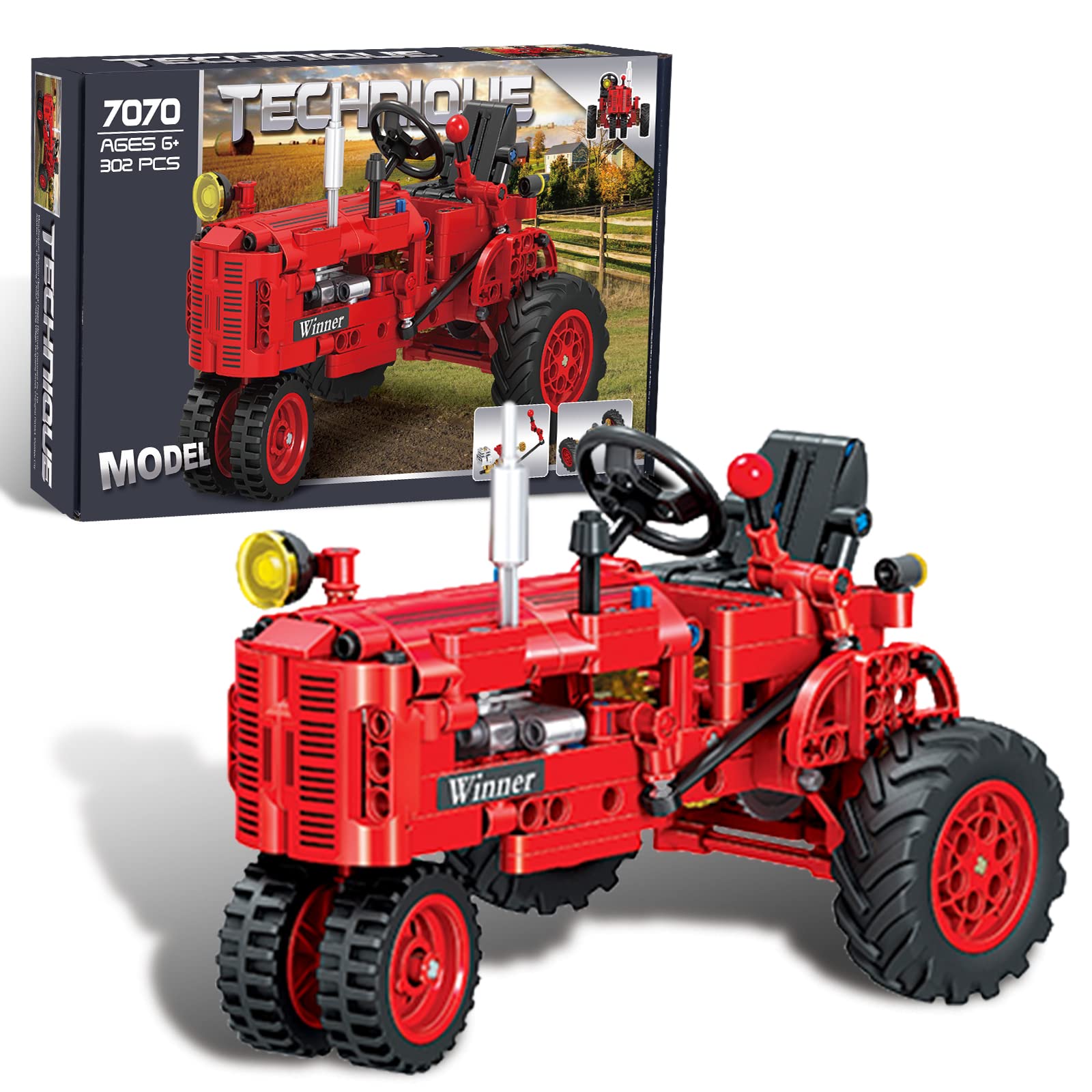 Photo 1 of A XINAO TOYS Classic Building Blocks 1/12 Red Tractor Farm Toy Building Set Gift for Kids Ages 6 7 8 9 10 11 12 Includes Shifting Structure, Steering Structure Features (Classic Edition)