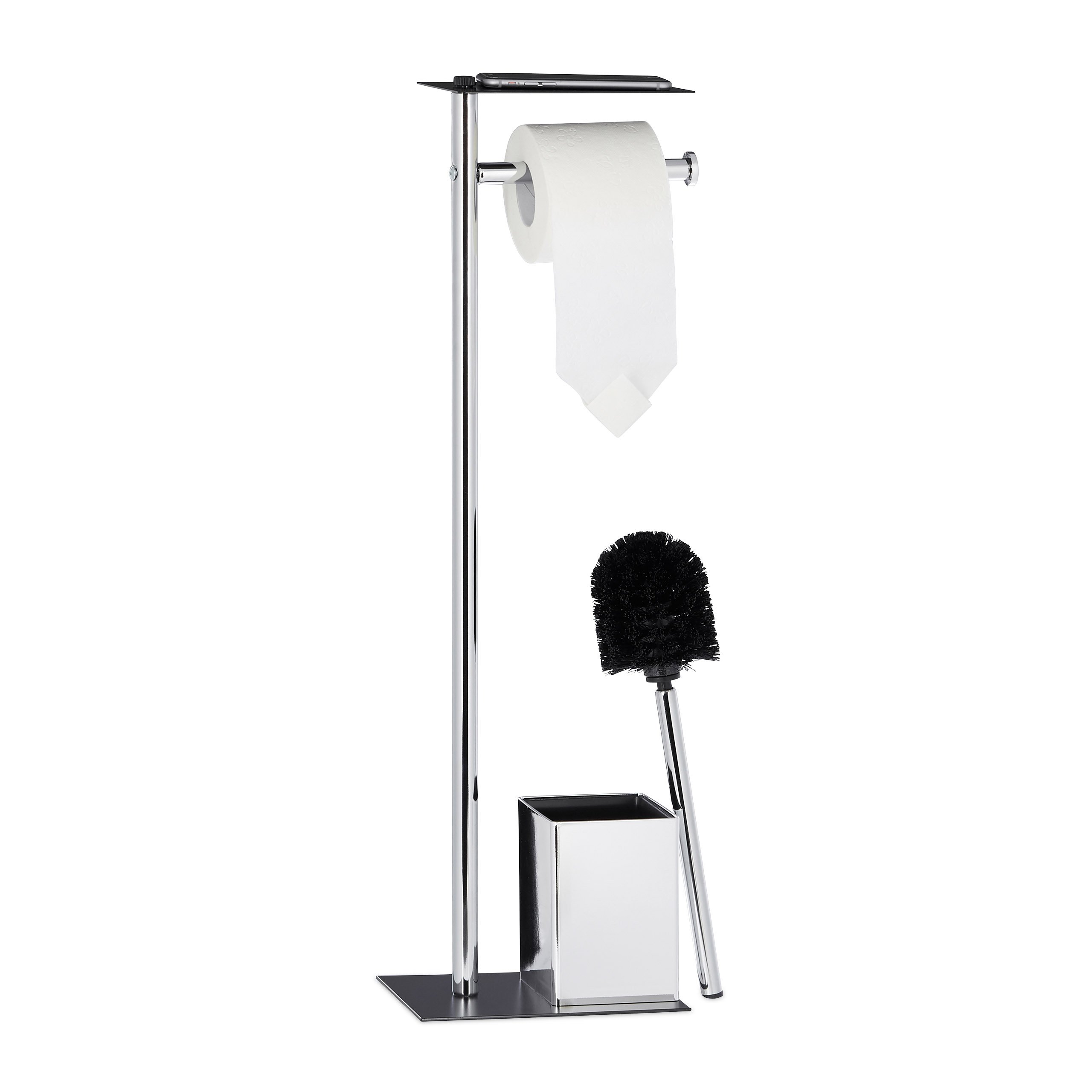 Relaxdays Toilet Butler with Paper Holder, Toilet Brush with Container, H x W x D 66 x 20 x 13 cm, Black-Silver
